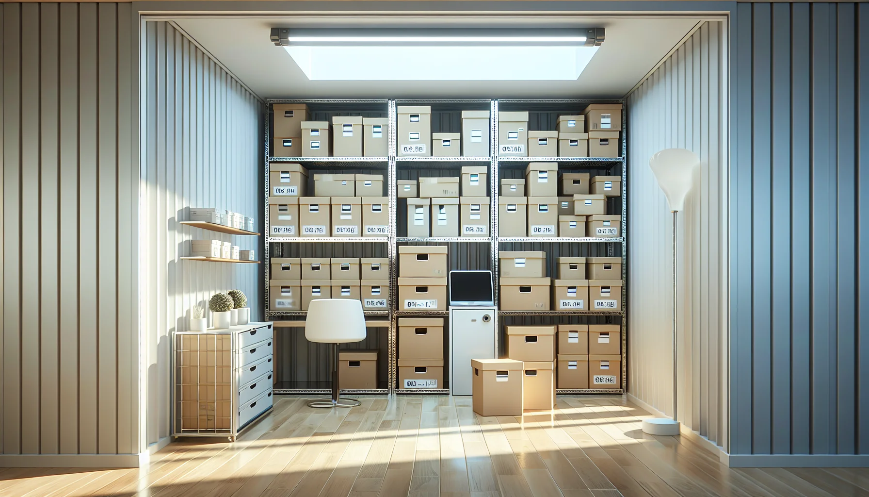 Symbolbild: organisierte Self-Storage-Box mit Regalen und beschrifteten Kartons